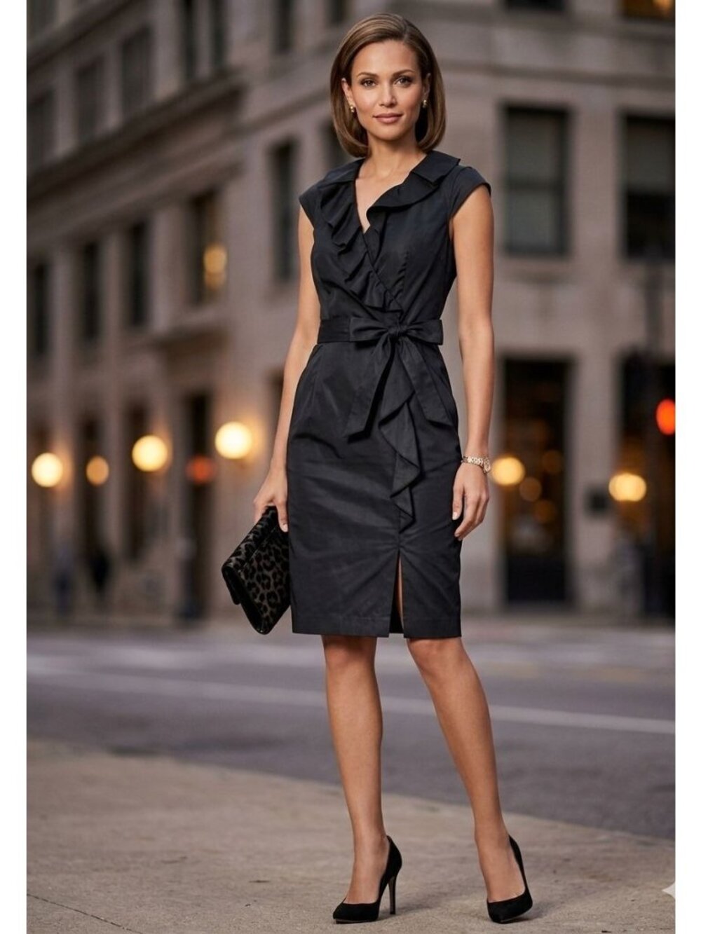 White House Black Market Ruffled Dress Size 00 Black Cap Sleeve Tie Waist